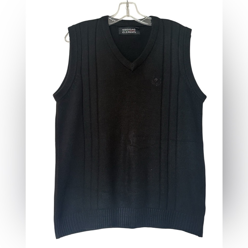 Peter England Elements Black V Neck Knit Sweater Vest Business Casual Golf Large